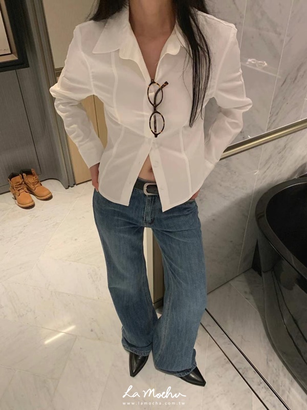 彈性顯腰身排釦素色襯衫